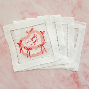 I’m Just a Girl Cake Embroidered Linen Cocktail Napkins, Preppy, Girls Night, Coquette Bar Cart Coasters, Chic Hostess Gift, Gift for Her