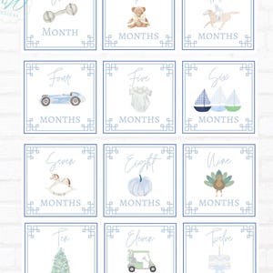 Tarjetas de hitos personalizadas Blue Heirloom / Sonajero, oso, caballo balancín / Tarjetas mensuales
