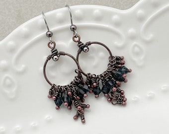 Blue Grey Copper Chandelier Earrings