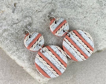 Coral, Light Blue, Beige, Striped Polymer Clay Earrings, Sterling Silver Ear wires sale reg. 11.50