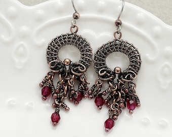 Dark Pink Copper Chandelier Earrings