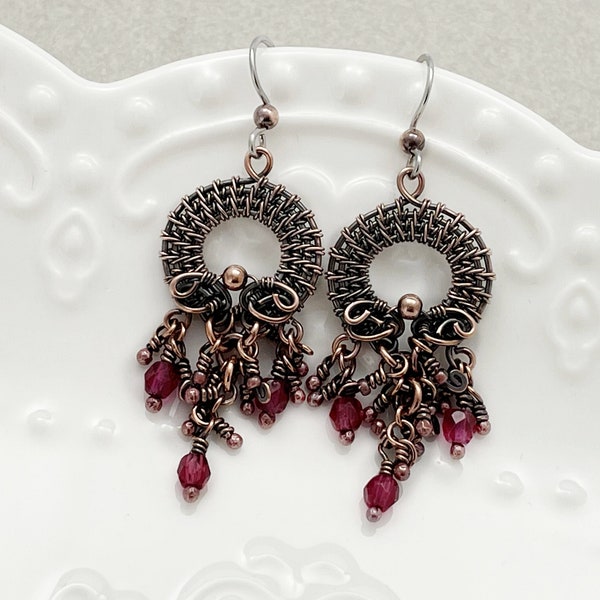 Dark Pink Copper Chandelier Earrings