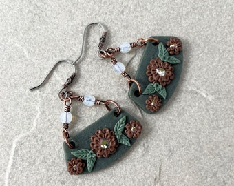 Grey and Brown Floral Autumn Clay Earrings, Polymer Clay Earrings