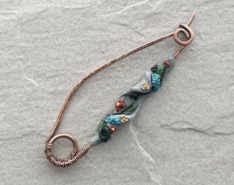 Floral Pin, Polymer Clay, Solid Copper, Wire Wrapped, Scarf, Sweater, Canada, 12 Gauge Stick