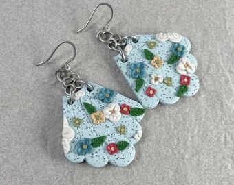 Floral Light Blue Clay Earrings, Polymer Clay Earrings