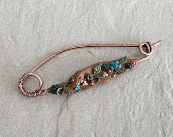 Floral Pin, Polymer Clay, Solid Copper, Wire Wrapped, Scarf, Sweater, Canada, 12 Gauge Stick