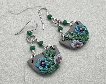 Blue Purple Green Floral Clay Earrings, Daisy, Wild flower Nature Clay Earrings