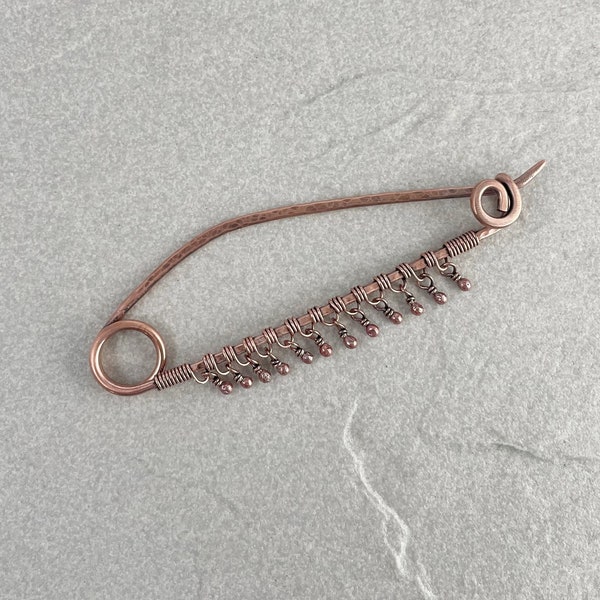 Copper Beaded Dangle Pin, 3.5 inches Long, Scarf, Sweater, Shawl, Cardigan Pin, 12 Gauge