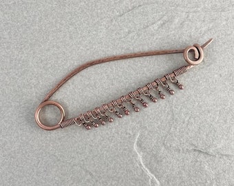 Copper Beaded Dangle Pin, 3.5 inches Long, Scarf, Sweater, Shawl, Cardigan Pin, 12 Gauge