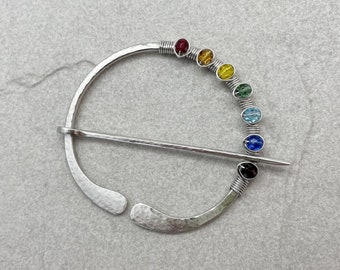 Rainbow Silver Pin, Penannular Brooch, Shawl, Scarf, Sweater, Pin, Wire Wrapped, Canada