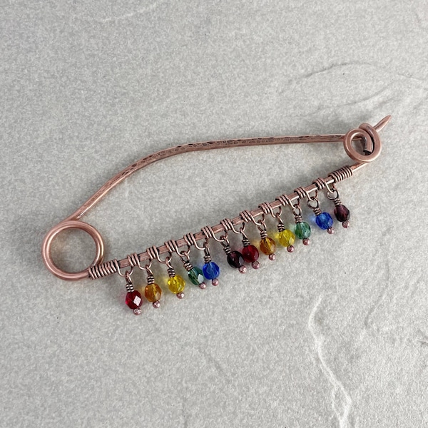 Rainbow Dangle Charm Pin, 3.5 inches Long, Scarf, Sweater, Shawl, Cardigan Pin, 12 Gauge