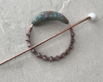 Floral Pin, 60mm, Polymer Clay, Solid Copper, Hair Pin, Wire Wrapped, Scarf, Sweater, Canada, 10 Gauge Stick