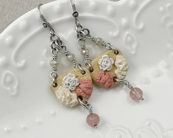 Flower Drop Earrings, Pink, Cream, White, Light Weight Clay Earrings