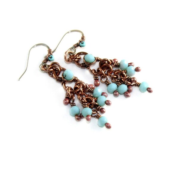 Light Blue Beaded Chandelier Earrings Small Size Antique Image 0