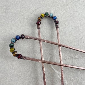 Rainbow Copper Hair Pin, 10 Gauge, Colourful Summer Wire Wrapped Hair Fork