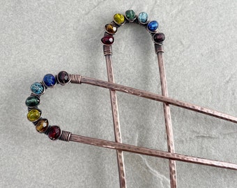 Rainbow Copper Hair Pin, 10 Gauge, Colourful Summer Wire Wrapped Hair Fork