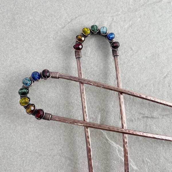 Regenbogenfarbene Haarnadel aus Kupfer, 10 Gauge, bunte sommerliche, drahtumwickelte Haargabel