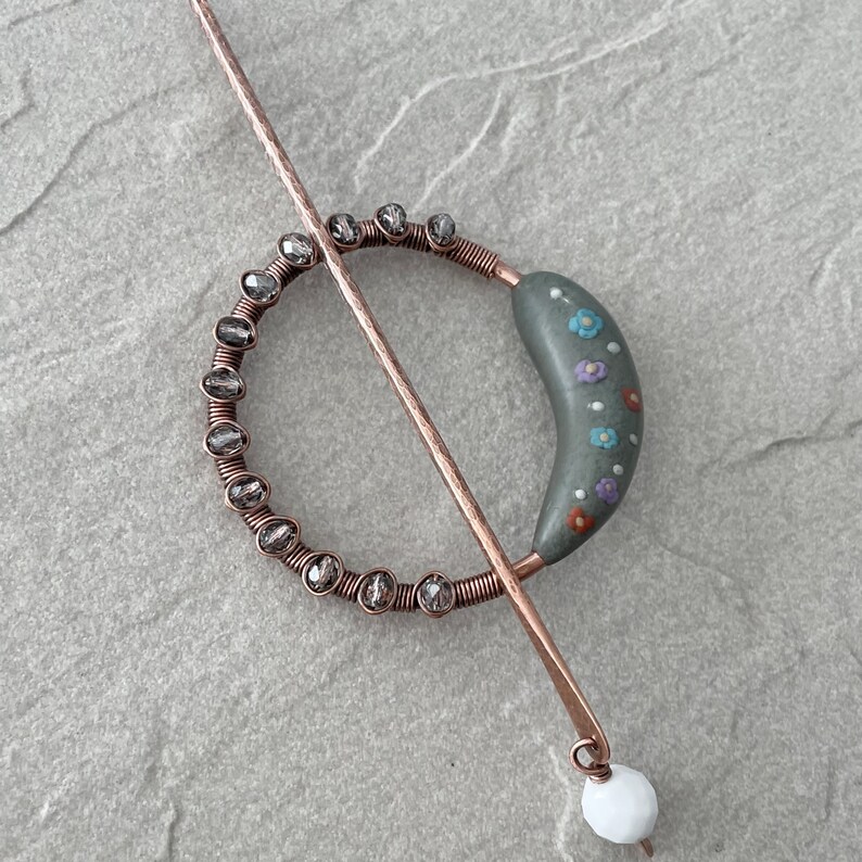 Floral Pin, Sale Reg. 31.00, 60mm, Polymer Clay, Solid Copper, Hair Pin