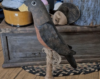 Primitive Folk Art  Grungy Robin Bird On Spindle