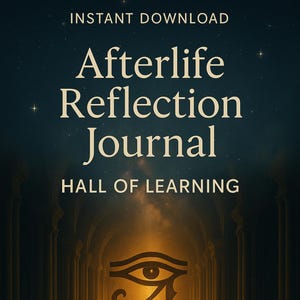 May include: Digital download cover art for an "Afterlife Reflection Journal" with the text "Instant Download". The design features a stylized eye symbol and a hallway with columns, bathed in golden light. The text "Hall of Learning" is also present.