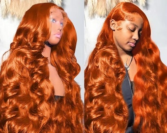May include: A long, wavy, bright orange wig with a lace front. The wig is styled in loose waves and has a natural-looking hairline.