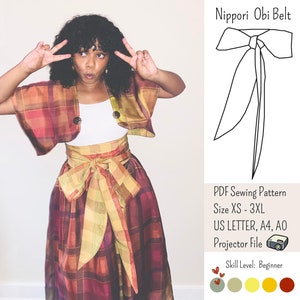 Può includere: Un cartamodello PDF per una cintura Nippori Obi, un tipo di cintura giapponese. Il cartamodello include istruzioni per le taglie XS a 3XL ed è disponibile nei formati US Letter, A4 e AO. Il cartamodello è adatto ai principianti.