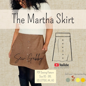 May include: A brown plaid skirt with a button-up front, labeled "The Martha Skirt" and "Sew Gabby." The image includes a line drawing of the skirt and text indicating it's a PDF sewing pattern, size XS-3XL, with an intermediate skill level.