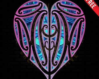 Puede incluir: Un diseño en forma de corazón con intrincados patrones maoríes en rosa y azul. El diseño recuerda al arte tradicional polinesio.