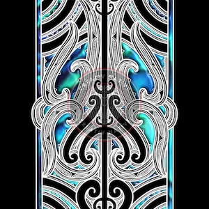 Può includere: Opera d'arte digitale con un design simmetrico. Intricate linee bianche su sfondo nero creano motivi a vortice e forme geometriche. Gli spazi sono riempiti da una vivace sfumatura blu e turchese.