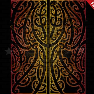 May include: A symmetrical design with intricate patterns in black and gold. The design is reminiscent of Maori art and features a gradient from red to yellow.