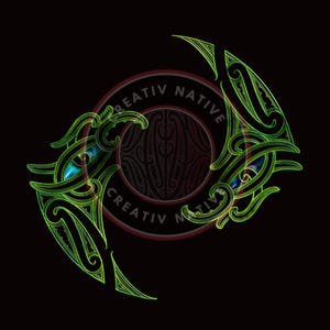 Può includere: Un design grafico digitale con un design simmetrico verde neon su sfondo nero. Il design include due forme simili a occhi con accenti blu, che circondano un elemento circolare centrale con motivi tribali. Le parole "CREATIV NATIVE" sono in un cerchio.