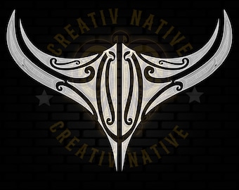 Puede incluir: Un diseño estilizado blanco de una manta raya con patrones intrincados y el texto "CREATIVE NATIVE" en la parte superior e inferior.