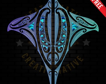 Puede incluir: Un diseño simétrico y estilizado en tonos azules y morados, con patrones intrincados y un elemento vertical central. El diseño tiene un efecto brillante, con la palabra "FREE" en una pancarta roja en la esquina superior derecha.