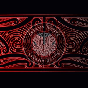 May include: A rectangular design with a black background and intricate red patterns. The design features swirling shapes and lines, with a circular emblem in the centre. The emblem and the words "CREATIV NATIVE" are visible.