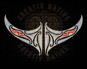 Puede incluir: Un diseño estilizado blanco y naranja de una manta raya con las palabras "Creative Native" a cada lado del diseño.