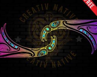Puede incluir: Un par de diseños estilizados, coloridos, en espiral y abstractos con un fondo negro. Los diseños están delineados en negro y rellenos con un degradado de rosa, amarillo y azul. Los diseños recuerdan al arte maori.