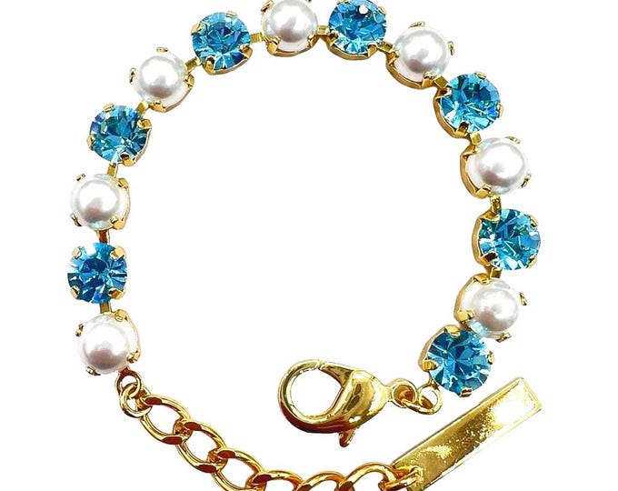 Ethereal Aqua Crystal Pearl Bracelet - 18K Gold Plated Freshwater Pearl - Delicate Bridal Jewelry Gift
