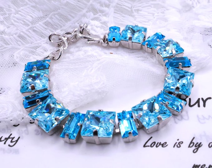 Light Turquoise Swarovski Crystal Bracelet: baguette and square crystal,Adjustable Bridal Jewelry