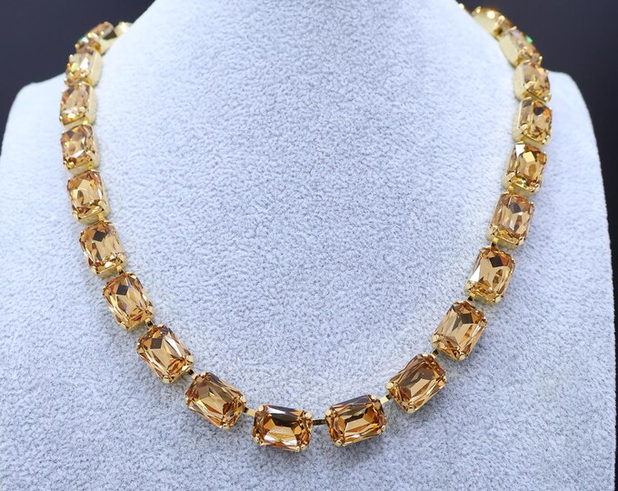 Champagne Gold Crystal Necklace: Octagonal Austrian Cut, 18k gold-Plated Brass