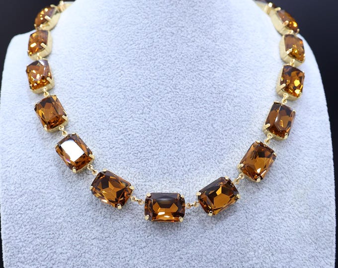 Smoked Topaz Crystal Necklace: Chocolate color Octagonal Austrian Cut, 18k gold-Plated Brass