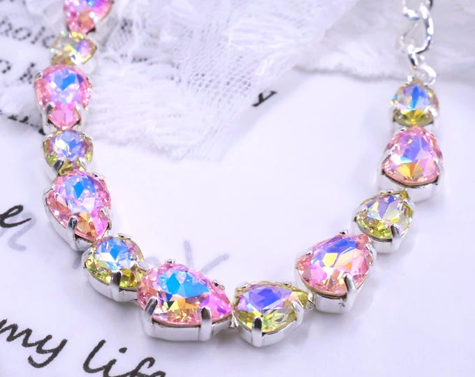 Retrofuturism Teardrops Cherry blossom pink Austrian Crystal Bracelet - Gold Plated Bridal Jewelry