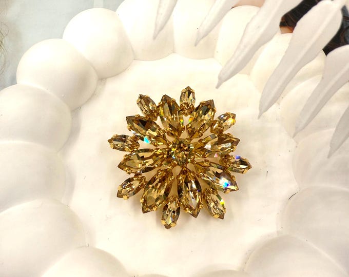 Antique Champagne Gold Austrian Crystal Snowflake Brooch | Platinum Plated Art Deco Bridal Jewelry