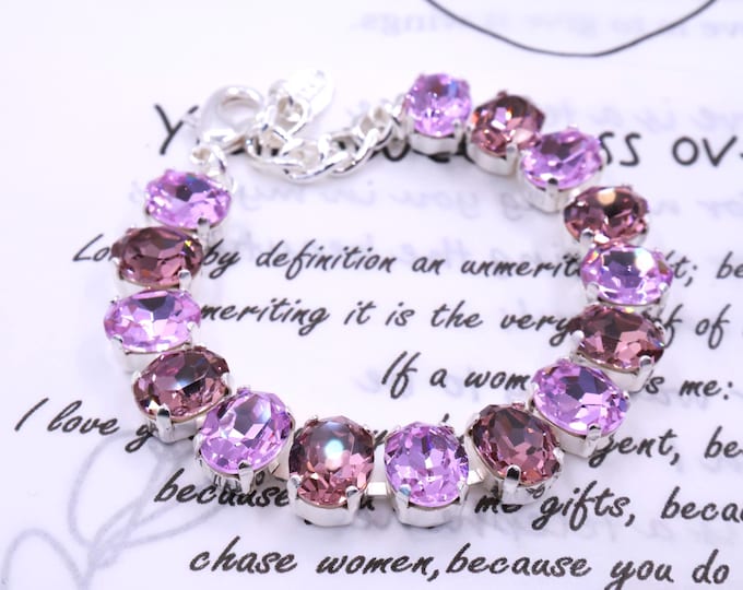 Violet deep purple Swarovski Crystal Bracelet: Oval gold,Adjustable Bridal Jewelry