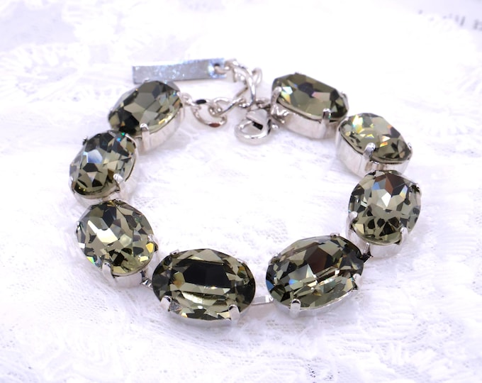 Diamond Gray oval Austrian Crystal Bracelet - Silver Bridal Jewelry