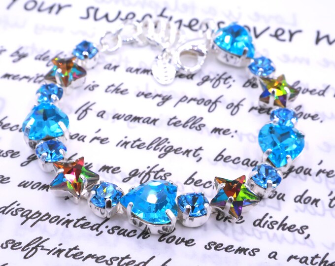 Lake Blue Crystal Bracelet: Pentagram, heart shape, round crystal combination gradient,Adjustable Bridal Jewelry