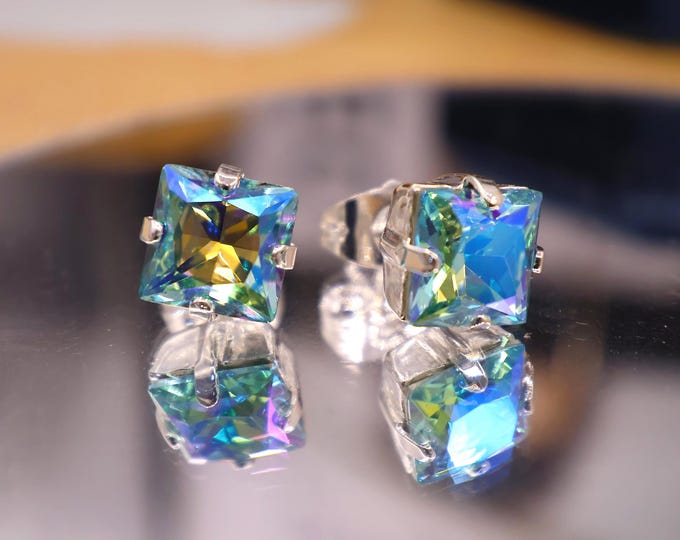 Austrian Sapphire Blue Aurora Crystal Chandelier Earrings: Bride and bridesmaids Wedding Jewelry