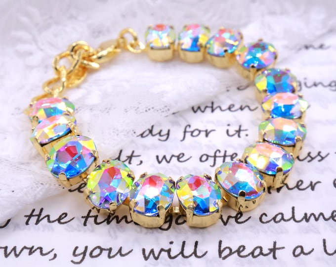 Colorful aurora Swarovski Crystal Bracelet: Oval gold,Adjustable Bridal Jewelry