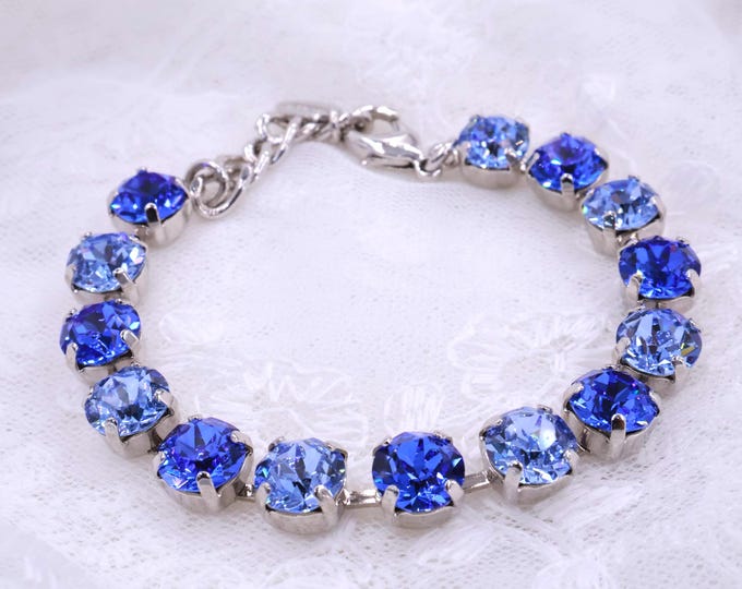 Blue Austrian Crystal Bracelet: Adjustable Silver Bridal Jewelry