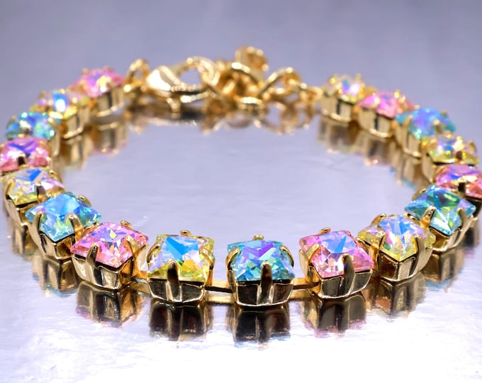 Austrian Crystal Bracelet: Sakura Pink, Blue & Gold Adjustable Bridal Jewelry