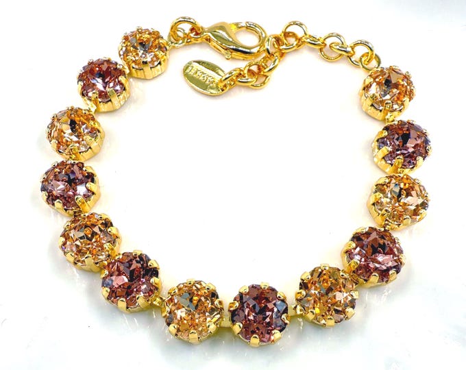 10mm Walnut and burgundy Octagonal Rose Quartz Austrian Crystal Bracelet - Gold Plated Bridal Jewelry